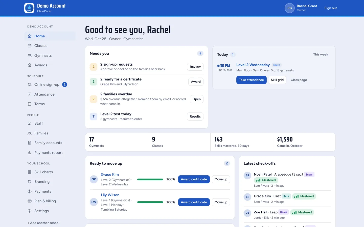 The owner's home screen: sign-up requests, today's classes, students ready to move up and the latest check-offs